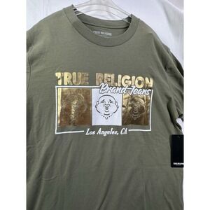 True Religion Men's shinny Tri Buddha Box Logo T-Shirt Size L large NWT Green